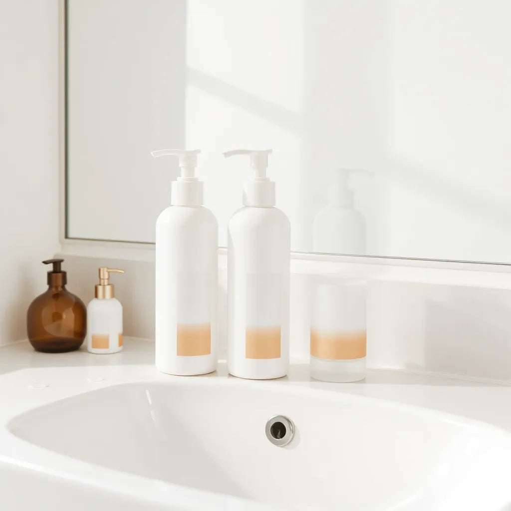 Three skincare bottles arranged on a clean bathroom countertop for a body routine