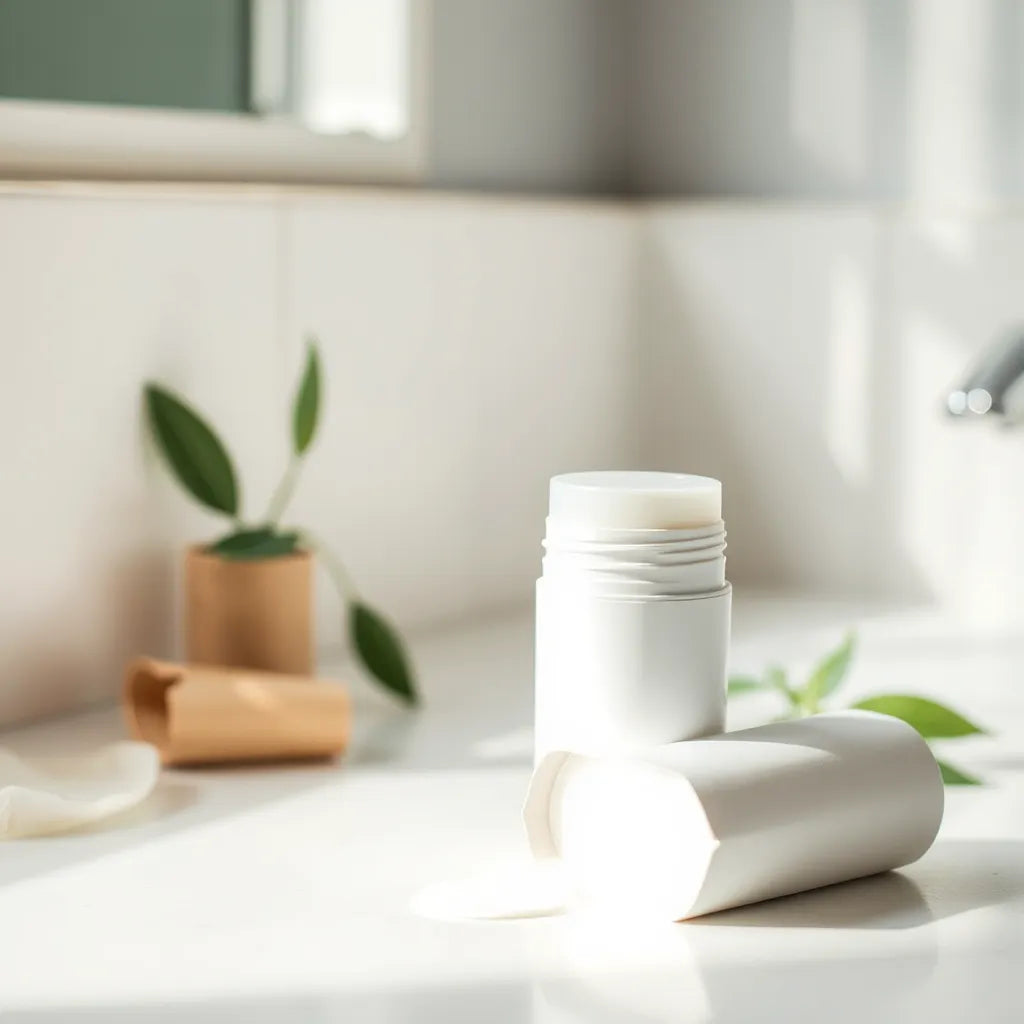 Organic deodorant stick on a clean bathroom counter with soft natural light and blurred green leaves