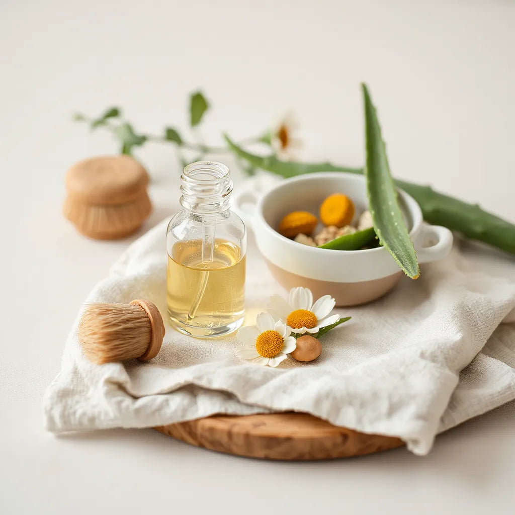 Natural oils, aloe leaves, and chamomile flowers arranged on a clean linen cloth for skincare