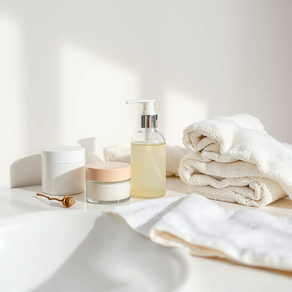 Skincare products for anti-acne routines on a clean vanity with natural light