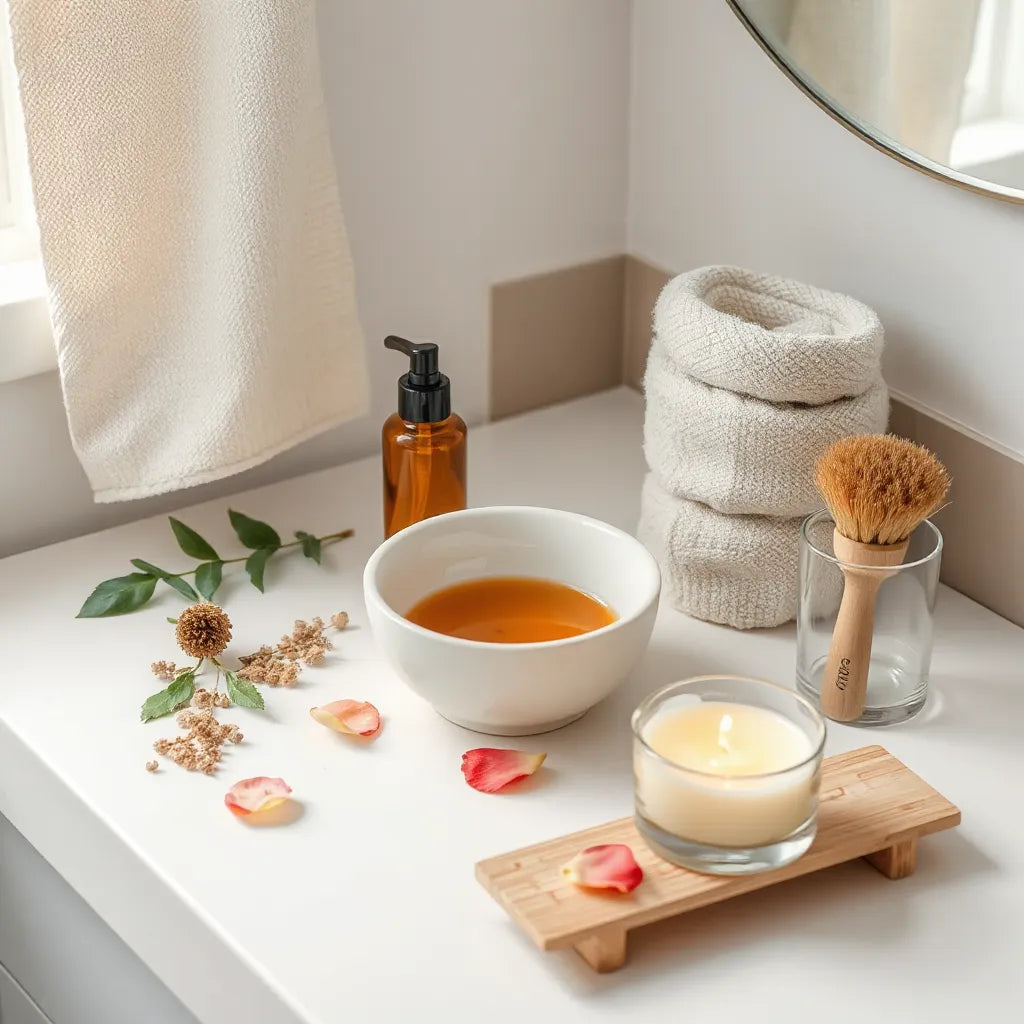 Eco-friendly skincare items and fresh botanicals arranged on a bathroom countertop for a soothing routine