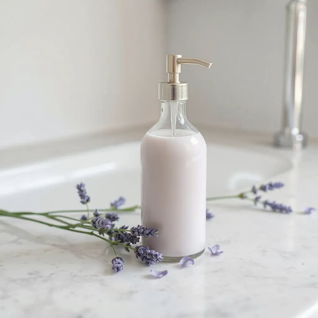 Lavender body wash bottle with fresh lavender sprigs on a clean bathroom countertop